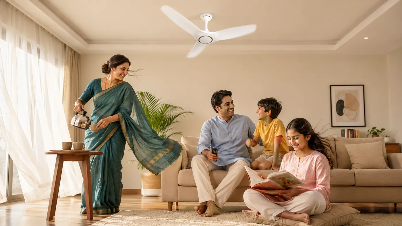 Indian family relaxing in a bright living room under a silent Aapanam Vixa BLDC ceiling fan, curtains drifting in the cool breeze