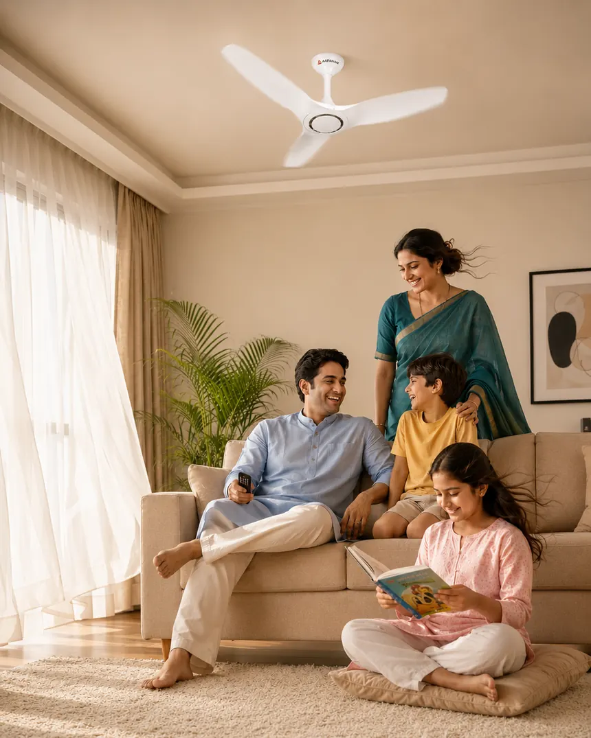 Indian family relaxing in a bright living room under a silent Aapanam Vixa BLDC ceiling fan, curtains drifting in the cool breeze